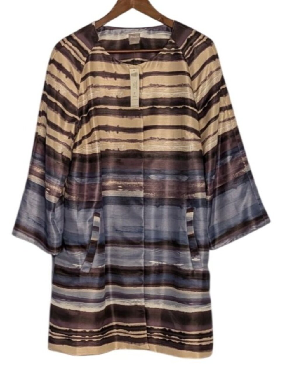 Chicos Satin Shantung Topper Jacket Sz 12 Watercolor Stripes 3/4 Sleeves lg - Picture 9 of 13